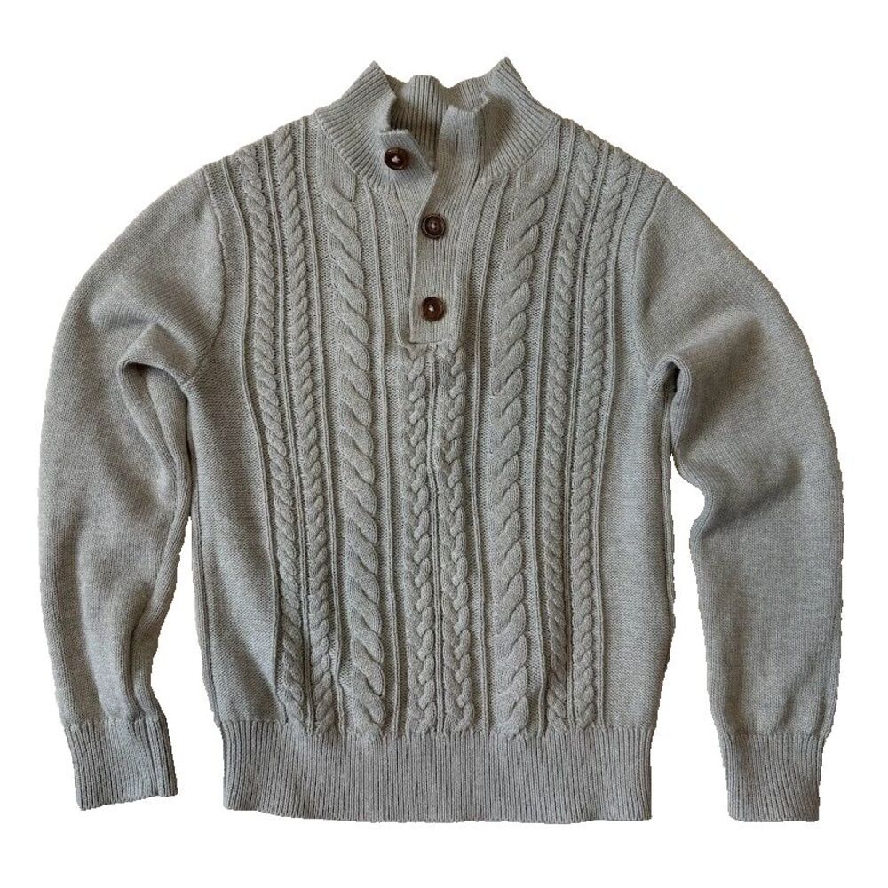 Gap Boys Mock Neck Cable Knit Grey 100% Cotton Sweater, Soft, Youth Large 10/12